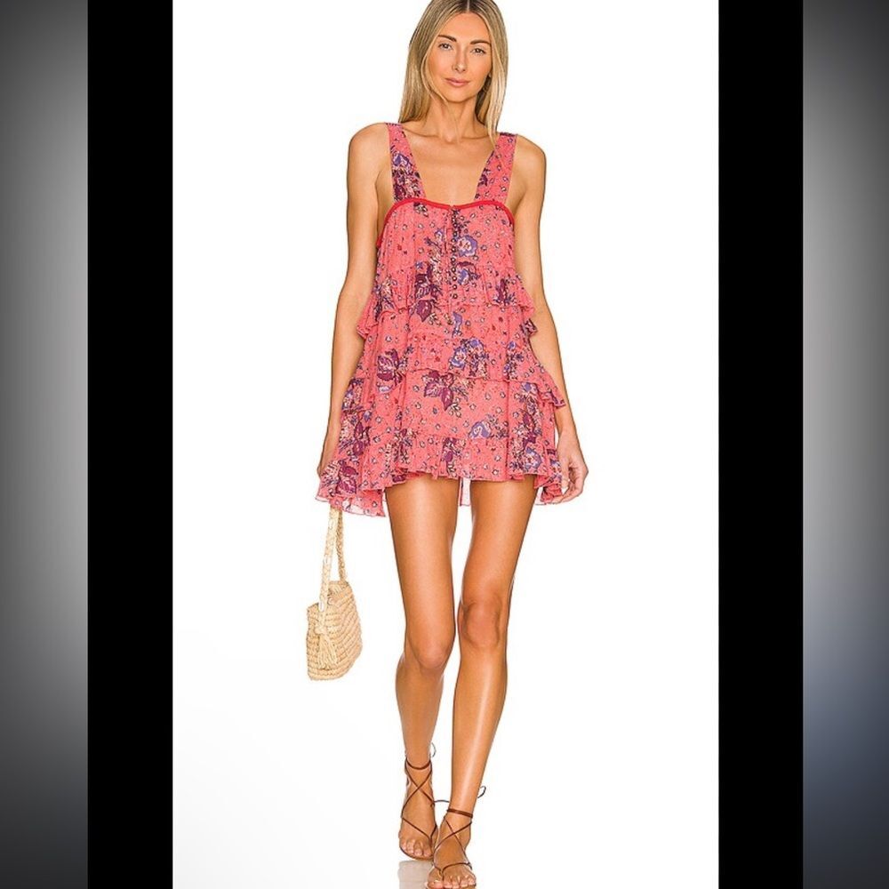 Intamately Free People Sunrise Nightie in Carnation Coral Floral Ruffle Dress - Picture 2 of 7